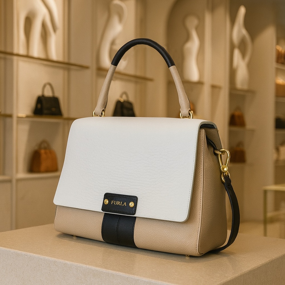NEW Furla Penelope Beige/White Leather Shoulder Bag/Crossbody Bag MADE IN ITALY